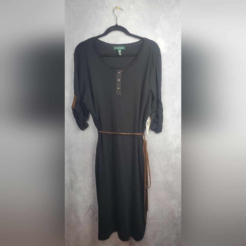 LAUREN RALPH LAUREN BLACK COTTON DRESS WITH SOFT TAN LEATHER‎ BELT SIZE 2X